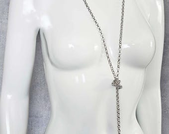 LARIAT STYLE long chain necklace, Vintage Silver tone knotted lariat Y chain necklace, adjustable long sweater necklace, rope chain necklace