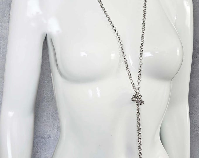 LARIAT STYLE long chain necklace, Vintage Silver tone knotted lariat Y chain necklace, adjustable long sweater necklace, rope chain necklace