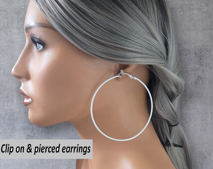 CLIP ON hoop earrings - 3.1" WHITE painted big hoop earrings for non pierced ears, ear clips, large white clip on hoop earrings