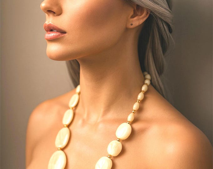 26" Chunky Cream Statement Bead Necklace – Lightweight Oval Resin Beads with Gold Accents – Elegant Costume Jewellery Gift for Her