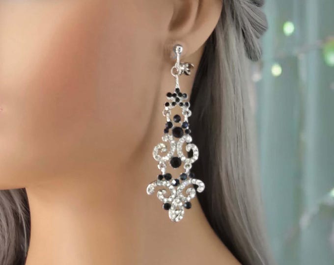 1 pair of CLIP ON drop earrings - 3.4" long vintage silver tone, Black & clear crystal - diamante  long drop bridal earrings - non pierced