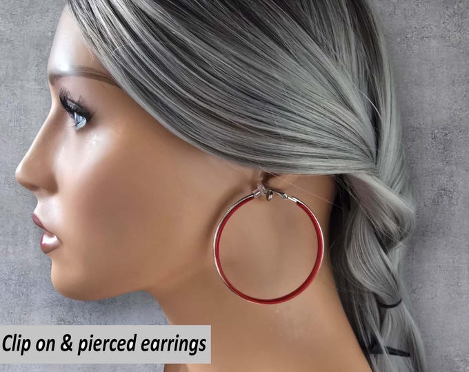 CLIP ON hoop earrings - 2.25" Red & silver tone 2 in 1 big hoop earrings for non pierced ears, ear clips, large red clip on hoop earrings