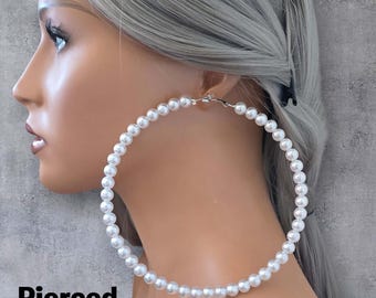 Oversized Pearl Hoop Earrings XL 5.5” | Huge Hoop Earrings | Big Statement Hoops for Women | White or Ivory Beaded Earrings