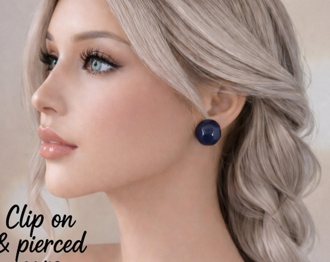 Navy Blue Resin Dome Earrings, Retro Statement Clip On or Pierced 0.9" - 23mm