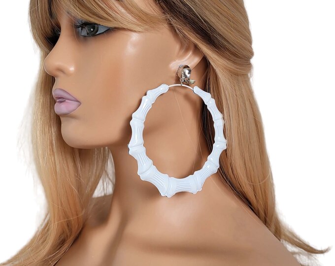 1 pair of 4.5" long WHITE bamboo design CLIP ON hoop drop earrings - Big - Lightweight jointed chunky hoop earrings,  Slight seconds**
