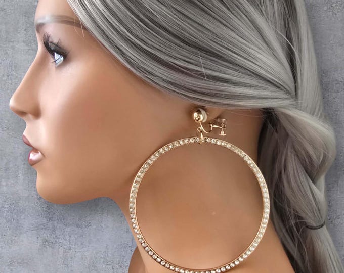CLIP ON Hoop Earrings, Big & Bold Gold Tone Round Diamante Clip-On Earrings | 4.25" Large Stylish Fashion Drop Hoop Earrings, Non-Pierced,