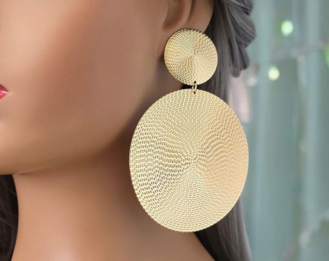 1 pair of  GOLD tone CLIP ON earrings - 4.25" long double patterned metal disc drop earrings for non pierced ears - Big statement earrings