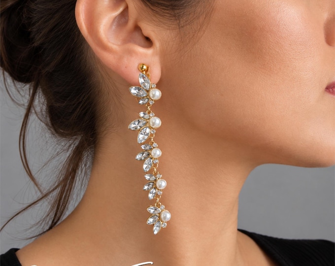 Clip On Gold Tone Crystal & Pearl Long Drop Earrings, Rhinestone Bridal Statement Earrings,  Non Pierced,  3.5" - 9cm