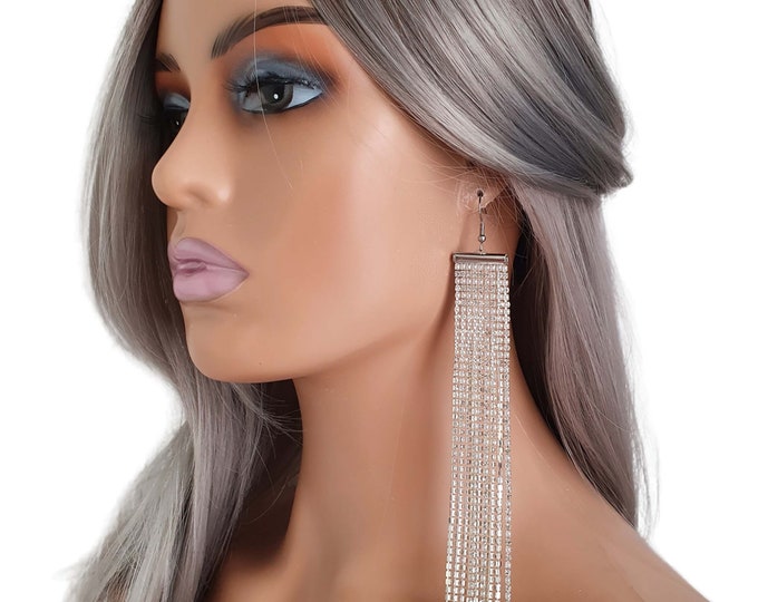 1 pair Super long sexy silver diamante & faux pearl waterfall design long drop CLIP ON earrings - 6.5" or made to your size, Pierced option