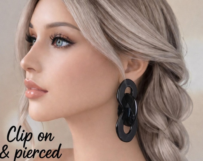 Handcrafted Black & Grey Acrylic Chain Earrings – Chunky Statement Jewelry - 3 length Options