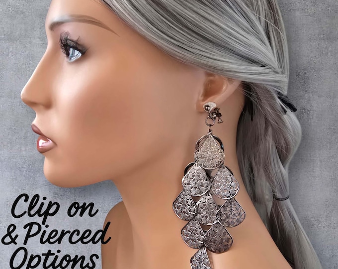 Dark Silver Tone / Gunmetal Filigree Leaf Cascade CLIP-ON Earrings – 5" Long Statement Drop Earrings – Lightweight Layered Teardrop Dangles