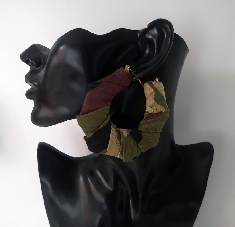 3 Huge statement hoops XXL Big fab thick chunky camo fabric wrapped oversized creole hoop earrings for pierced ears