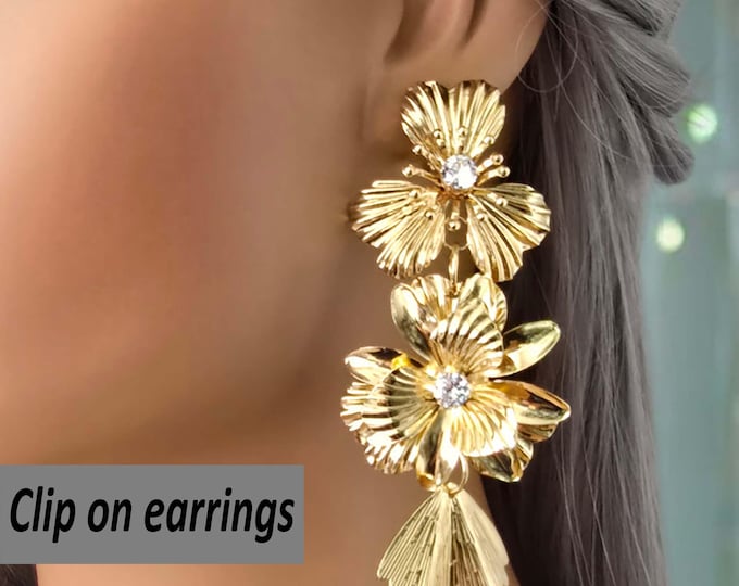 1 pair gold tone CLIP ON drop earrings - 4" stylish extra long layered flower design drop earrings - Clip on - non pierced ears, ear clips