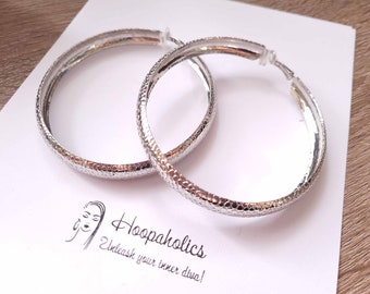 Clip on hoop earrings - 1 pair of 3" extra wide SILVER tone CLIP ON hoop earrings - patterned tube - big hoops clip on or pierced options