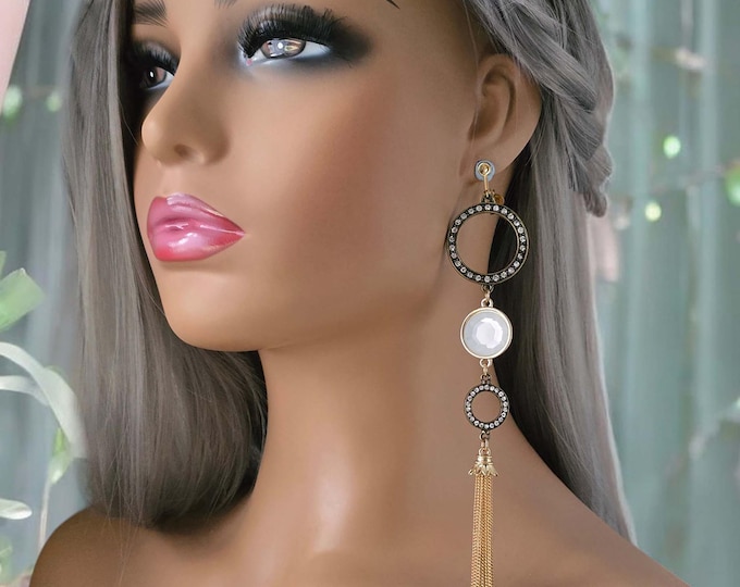 1 pair of Gold tone CLIP ON drop earrings - 7" super long layered diamante chain tassel shoulder duster earrings, non pierced ears