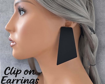 Minimalist Black Geometric Clip-On Earrings | Long Statement Earrings | Modern Drop  Earrings | Bold Fashion Non-Pierced Ears - Slight 2nds*