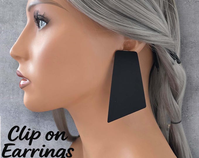 Minimalist Black Geometric Clip-On Earrings | Long Statement Earrings | Modern Drop  Earrings | Bold Fashion Non-Pierced Ears - Slight 2nds*