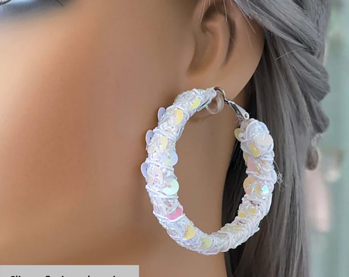 CLIP ON hoop earrings, 2.2" big white hoop earrings, sequin fabric wrapped hoops for non pierced & pierced ears Chunky statement IG earrings