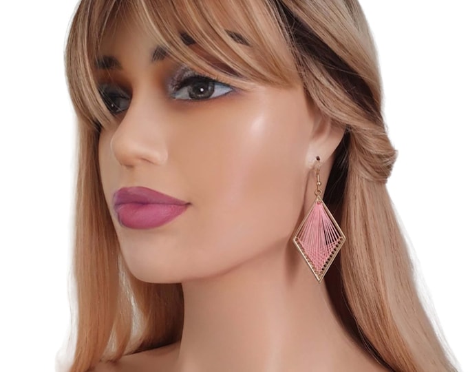 1 pair of 2.5" long gold tone & salmon pink thread - woven  CLIP ON drop earrings - Available for non pierced or pierced ears