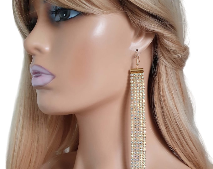 1 pair Super long gold tone & AB diamante waterfall design long drop CLIP ON non pierced earrings - 6" + longer options - Pierced option