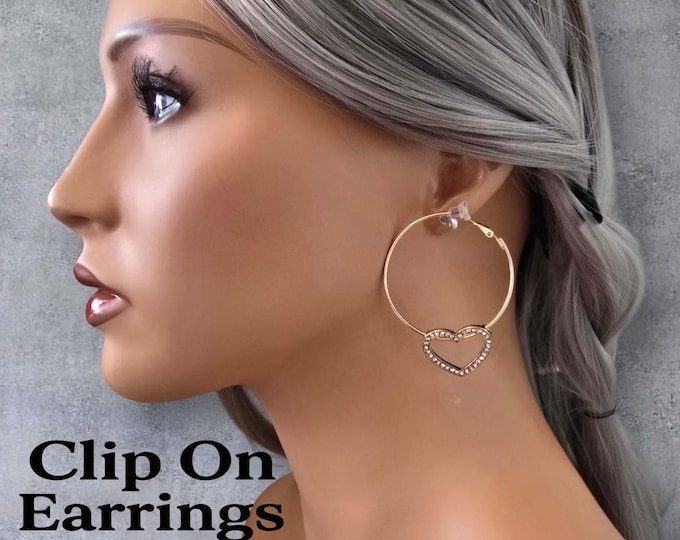 CLIP ON Hoop Earrings, 2.25" Long Heart Charm Gold Tone Wire Hoop Earrings – Lightweight Clip-On Earrings for Non-Pierced Ears