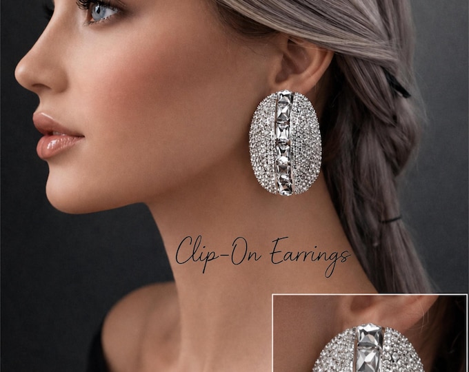 Silver Rhinestone Clip On Earrings | Oval Crystal Statement Jewellery