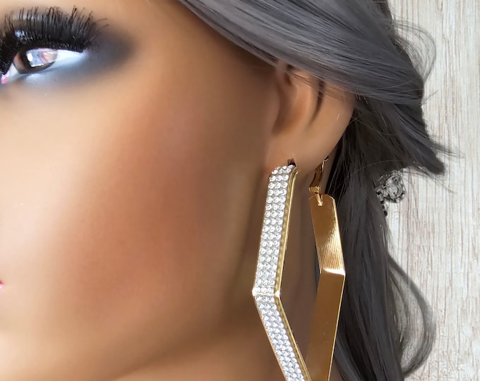 1 pair Gold tone CLIP ON hoop earrings - 3" long diamond shape extra wide rhinestone flat tube hoop earrings - clip on or pierced option
