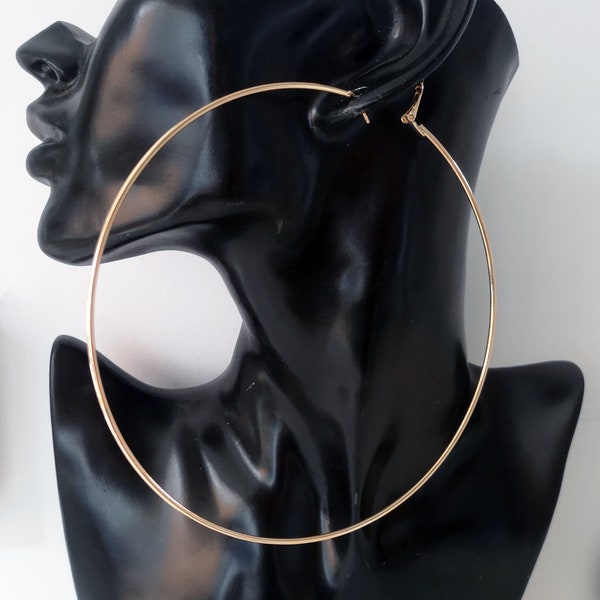 1 pair of HUGE Plain GOLD  coloured wire hoop earrings - Big - Massive hoops - 4.5" - 12cm - 120mm - Pierced or clip on options