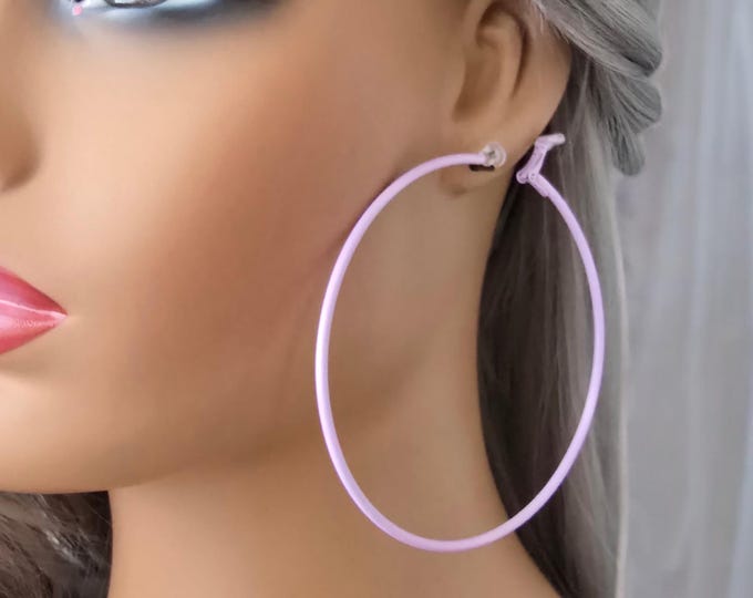 1 pair Clip on hoop earrings, 3.25" large painted hoop earrings, Lilac, Beige / nude color options, Lovely painted hoops, non pierced ears