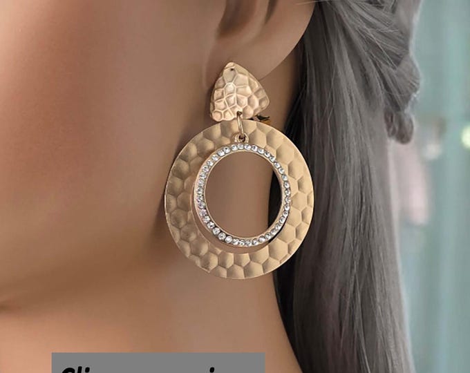 CLIP ON drop earrings - 2.5" MATT gold tone & diamante layered hoop drop earrings, earring clips non pierced earrings,