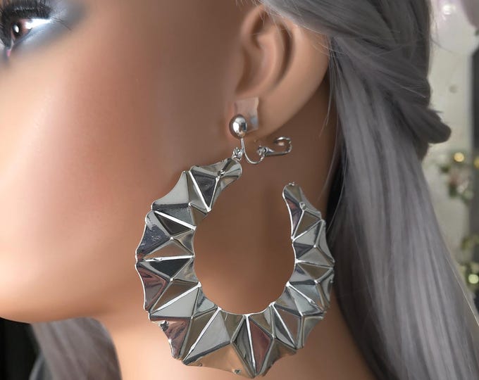 1 pair Silver tone CLIP ON hoop earrings - 3.25" long big chunky C style hoop earrings - thick puffed up diamond design pattern, Slight 2nds