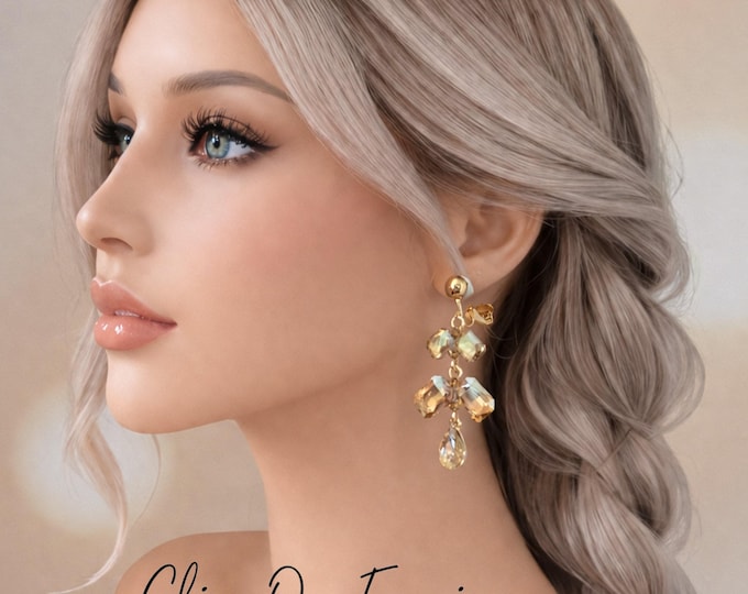 Gold Tone Clip On Crystal Drop Earrings, Champagne Wedding Statement Dangle (2.5" / 6cm)