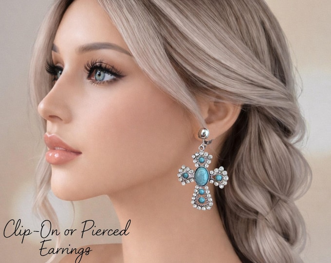 Clip On Turquoise Cross Drop Earrings - Silver Tone Vintage Style  Statement Earrings - 2.75" - 7cm