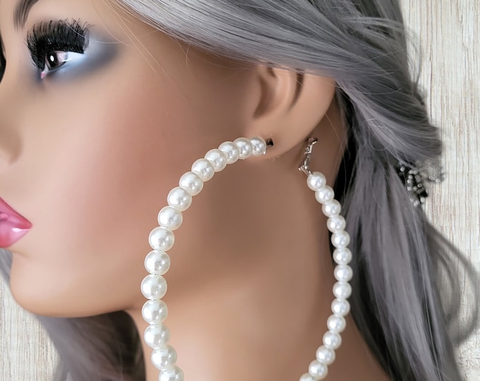 1 pair of HUGE ivory or white faux pearl bead hoop earrings - For pierced ears only - measure 10cm - 4"