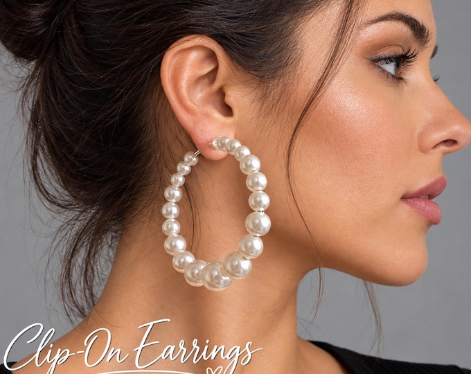 Clip On Pearl Hoop Earrings – Oversized Hoops - Graduated Chunky Faux Pearl Beads – 3" – 7.5cm