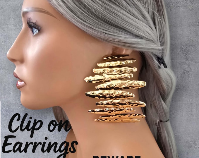 Clip On Earrings - Giant Hammered Gold tone Statement Earrings – Bold Abstract Curved Bar Design - Big Earrings for Non Pierced Ears