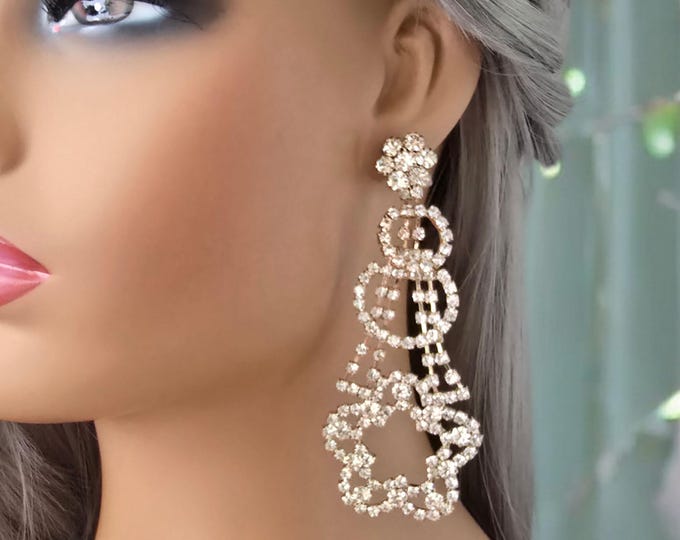 1 pair diamante  CLIP ON drop earrings - 3.75" long gold tone &  diamante, rhinestone  earrings for non pierced ears