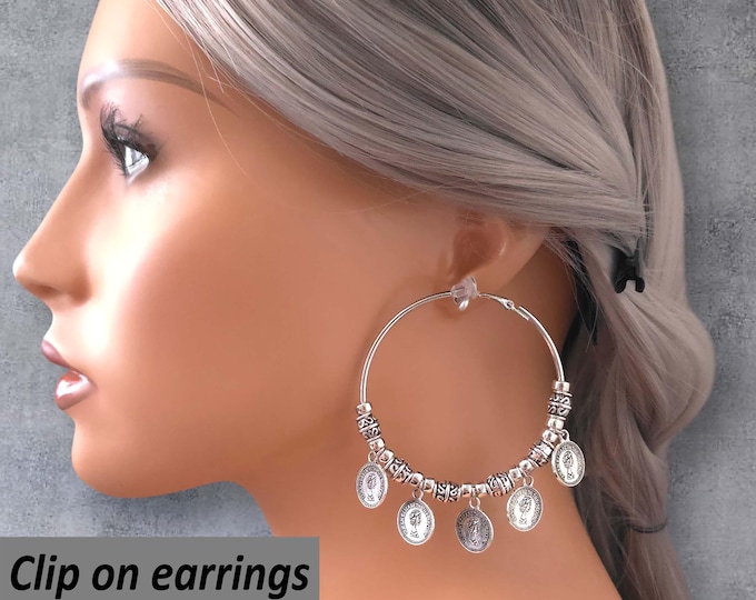CLIP ON Hoop Earrings, Boho 3″ Clip-On Hoop Earrings in Tibetan Silver with Coin Charms Earrings, Non Pierced, Clip on Hoop Earrings