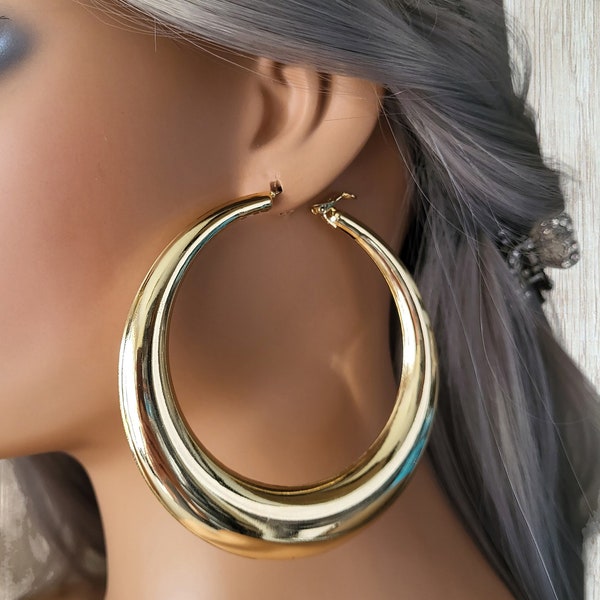 Gold tone CLIP ON hoop earrings - 3.5" diameter - plain chunky - thick crescent design tube hoop earrings - clip on or pierced option