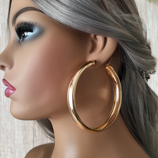 1 pair of large 3"  gold tone CLIP ON wide chunky tube hoop earrings, square tube, big statement earrings, pierced, non pierced ears options