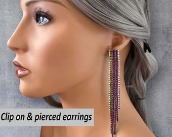 Clip On Drop Earrings - 5.5" Long Multi-Colored Waterfall Rhinestone Clip-On Earrings – Sparkling Statement Jewelry Non Pierced Earrings