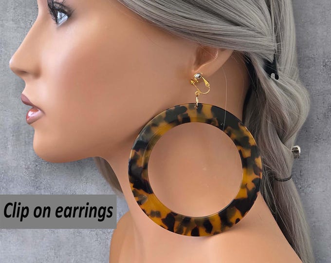 CLIP ON Hoop Earrings, 4.5" Long Giant Brown Tort Acrylic Clip-On Drop Hoop Earrings – Chunky Oversized Hoops for Non-Pierced Ears