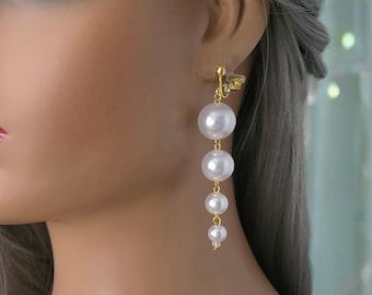 1 pair of 3" long white faux pearl layered bead & gold colored CLIP ON long drop earrings - Long pearl statement earrings