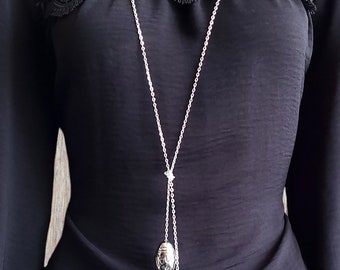 36" long silver tone knotted lariat style necklace with chunky "Love" statement chunky silver beads & chain tassel detail  **ND