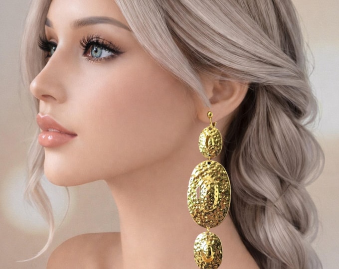 Gold Clip On Statement Earrings - Long Drop Bold Oversized Dangle Earrings - 4.75" - 12cm