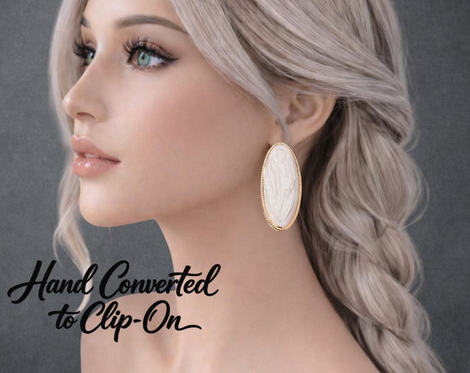 Cream Enamel & Gold Tone Oval Clip-On Earrings – Lightweight Statement Earrings – Non-Pierced Ears