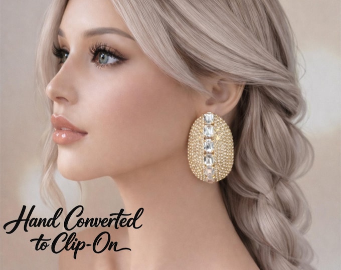 Gold Tone Rhinestone Clip On Earrings | Sparkly Crystal Oval Statement Earrings | Glam Evening Jewellery | Non Pierced Ears