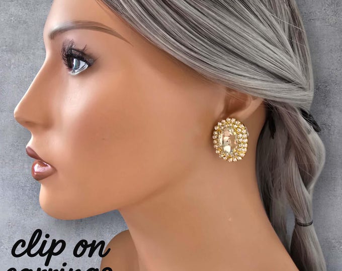 Gold tone Crystal Oval Clip-On Earrings | Sparkly Rhinestone Statement Earrings | Non-Pierced Jewelry | Elegant Party Accessories
