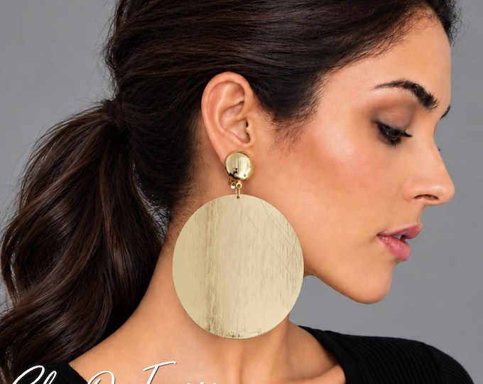 Oversized Gold Tone Oval Disc Clip On Earrings – Large Textured Statement Earrings – Bold Earrings – Non Pierced Earrings - 4" – 10cm