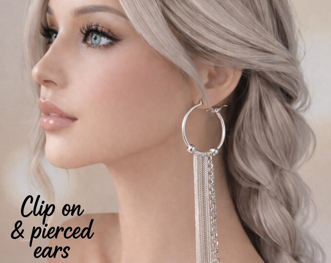 Clip On Earrings - Silver Tone Hoop Earrings with Chain Tassel Drops